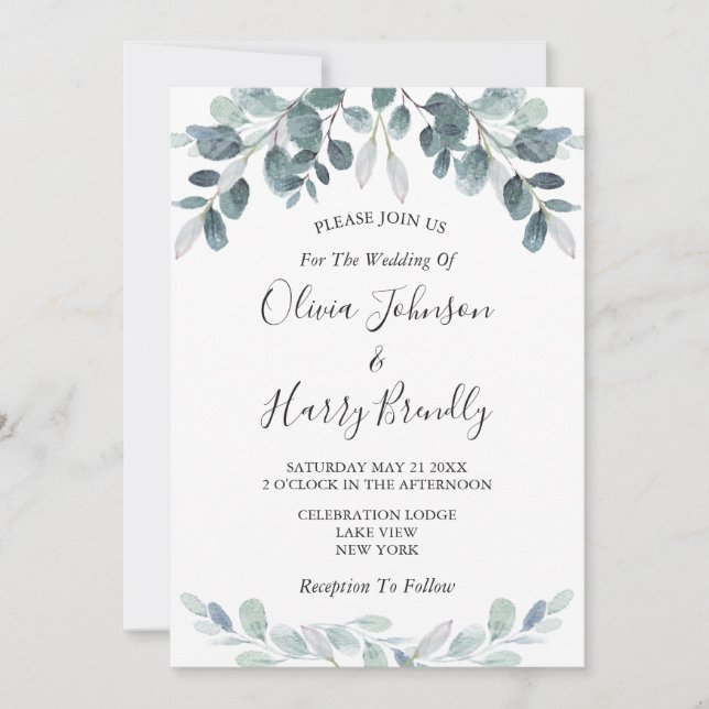 Convite Casamento Chic Watercolor Eucalyptus Bloom (Frente)