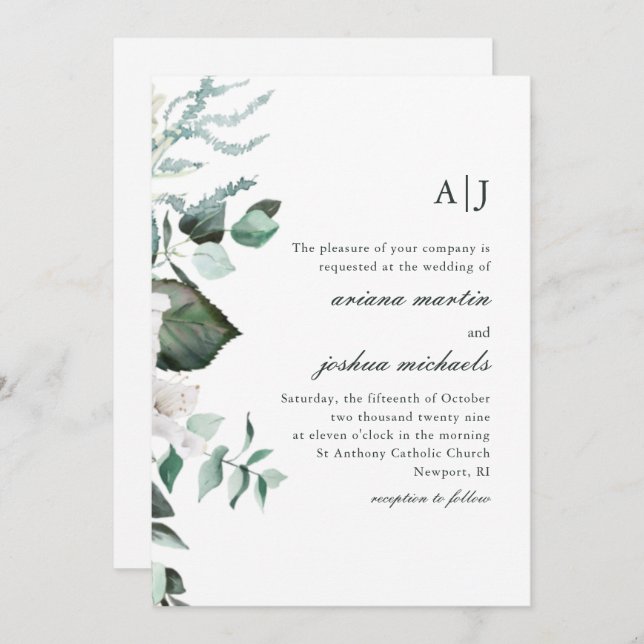 Convite Casamento Chic White Floral e Greenery Monograma (Frente/Verso)