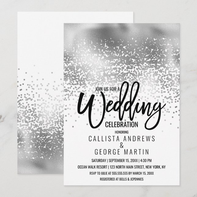 Convite Casamento Chic White Silver Foil Confetti Ombre (Frente/Verso)