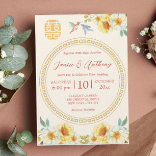 Convite Casamento chinês amarelo floral pássaro elegante