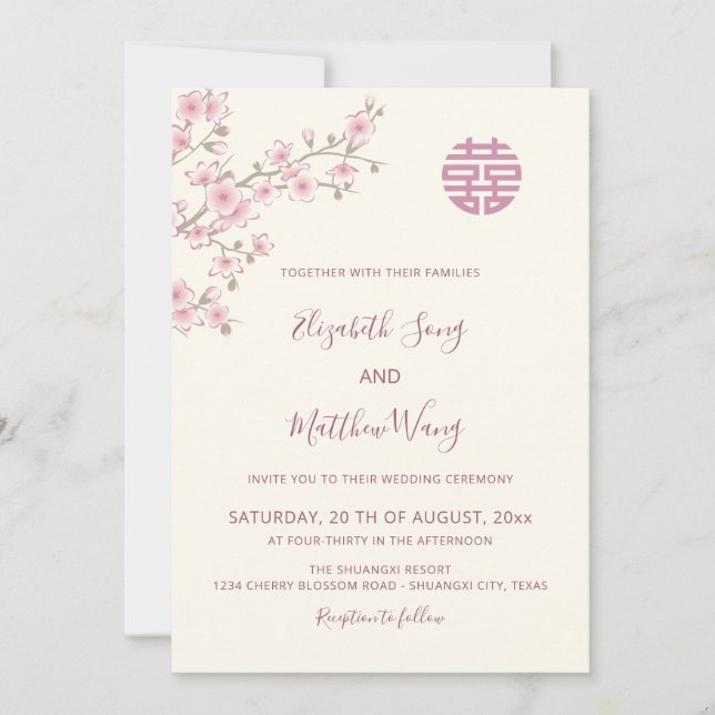 Convite CASAMENTO CHINÊS BILINGUE Beijo Cereja Flor de Cer (Frente)