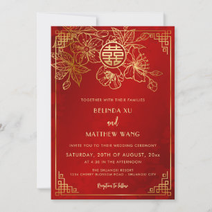 Convite Casamento Chinês BILINGUE Dourado Vermelho