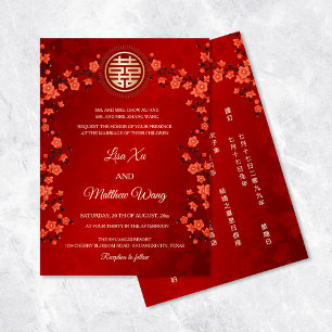 Convite CASAMENTO CHINÊS BILÍNGUE Flor de Cerejeira Vermel
