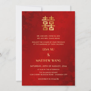 Convite Casamento Chinês Bilingue Vermelho Simples Doura