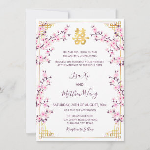 Convite Casamento chinês branco-rosa-rosa com quadro Doura