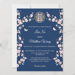 Convite Casamento Chinês com Flor de Cereja Azul-Rosa Dust