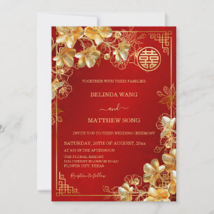 Convite Casamento Chinês com Flores Douradas 3D