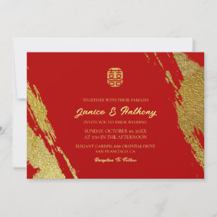 Convite Casamento chinês com pincel de ouro vermelho pince