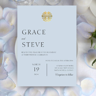 Convite Casamento Chinês Coreano Duplo Felicidade Azul Dup