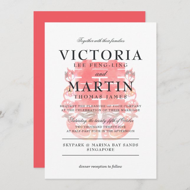 Convite Casamento Chinês de Ducks de Mandarim e Felicidade (Frente/Verso)