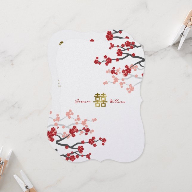 Convite Casamento Chinês de Dupla Felicidade do Ouro Red S (Frente/Verso In Situ)