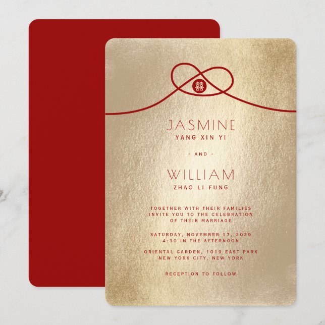 Convite Casamento Chinês de Dupla Felicidade do Red Knot U (Frente/Verso)