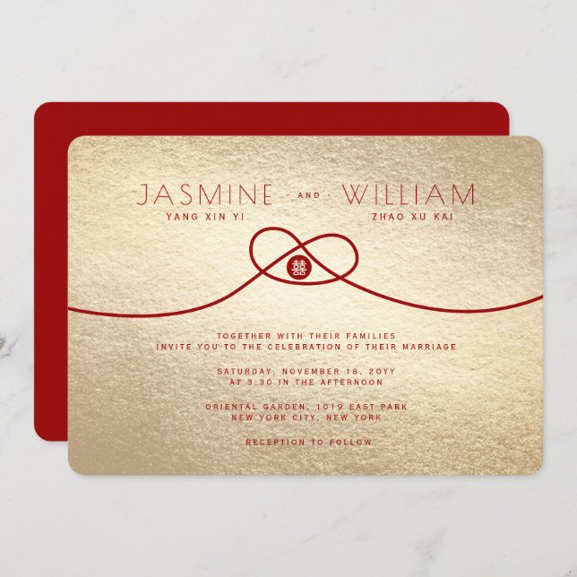 Convite Casamento Chinês de Dupla Felicidade do Red Knot U (Frente/Verso)