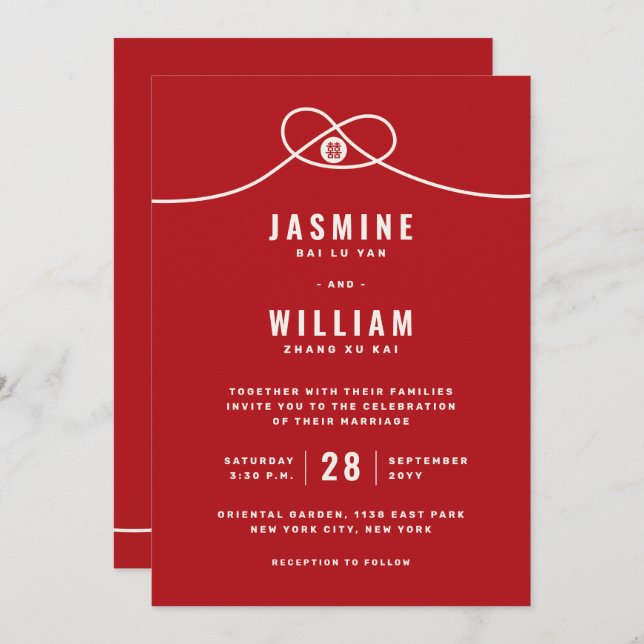 Convite Casamento Chinês de Dupla Felicidade do Red Knot U (Frente/Verso)