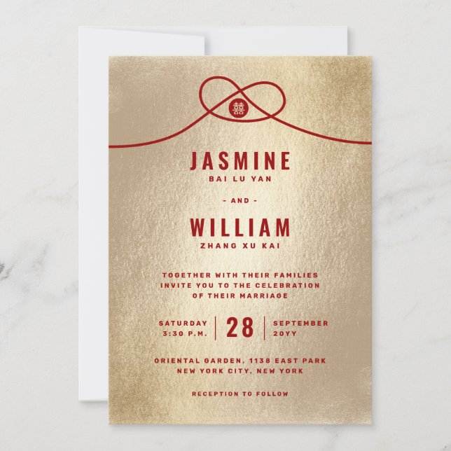 Convite Casamento Chinês de Dupla Felicidade do Red Knot U (Frente)