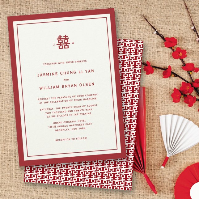Convite Casamento Chinês de Dupla Felicidade Moderna Minim (Modern Minimalist Red/Ivory Double Happiness Chinese Wedding Invitation @ fatfatin_red_knot)