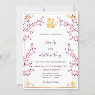 Convite Casamento Chinês de Flor-Cereja Rosa