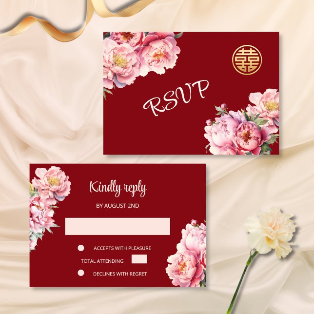 Convite Casamento Chinês de Peony Red RSVP (Criador carregado)