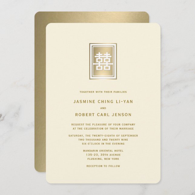 Convite Casamento Chinês Elegante de Felicidade Dupla Dour (Frente/Verso)