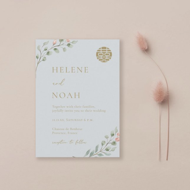 Convite Casamento Chinês Elegante Eucalyptus Azul Dusty (Criador carregado)