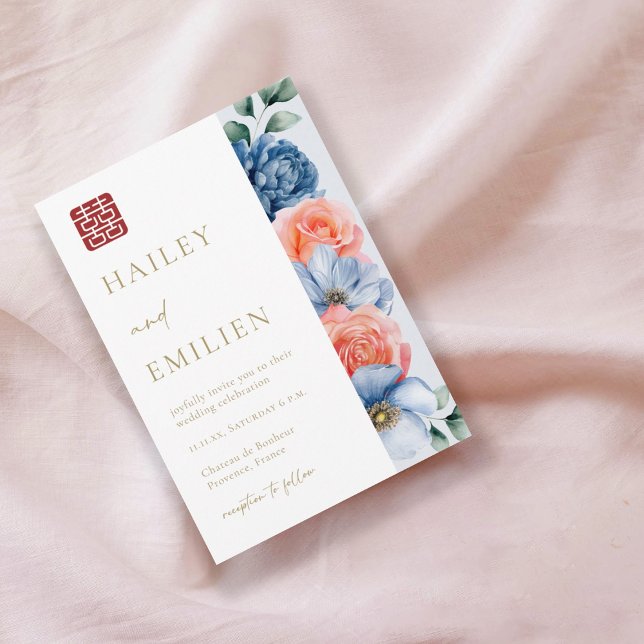 Convite Casamento Chinês Floral Moderno Elegante (Criador carregado)