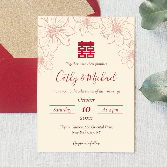 Convite Casamento chinês floral vermelho e bege Boho (Criador carregado)