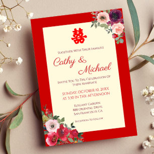 Convite casamento chinês jardim floral vermelho dupla feli