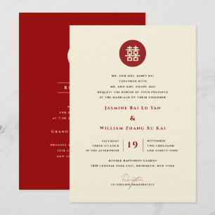 Convite Casamento Chinês Moderno com Dupla Felicidade Ver