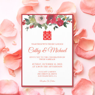 Convite Casamento chinês moderno floral aquarela rosa verm