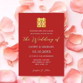 Convite Casamento chinês moderno simples vermelho dourado