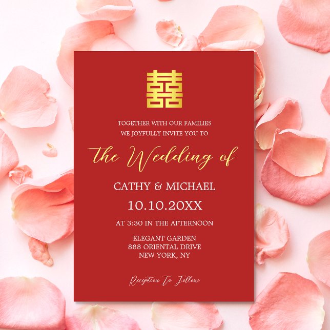 Convite Casamento chinês moderno simples vermelho dourado (Criador carregado)