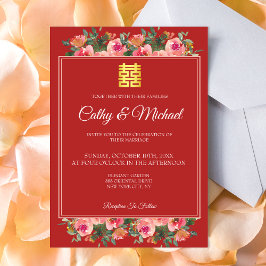 Convite Casamento chinês moderno vermelho-rosa de pénia fl