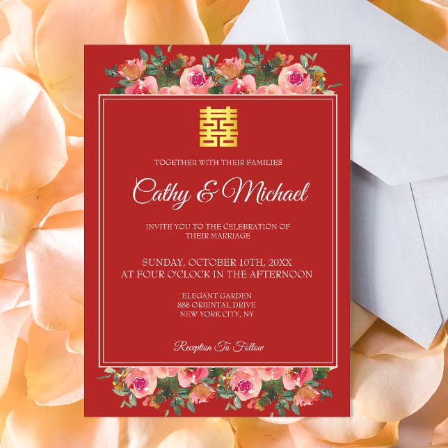 Convite Casamento chinês moderno vermelho-rosa de pénia fl (Criador carregado)