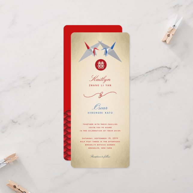 Convite Casamento Chinês Origami de Gruas de Papel Vermelh (Frente/Verso In Situ)