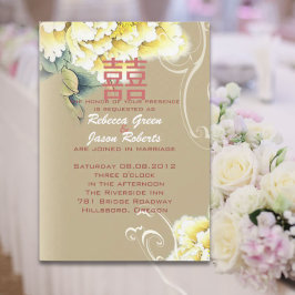 Convite casamento chinês peônia floral vintage moderno