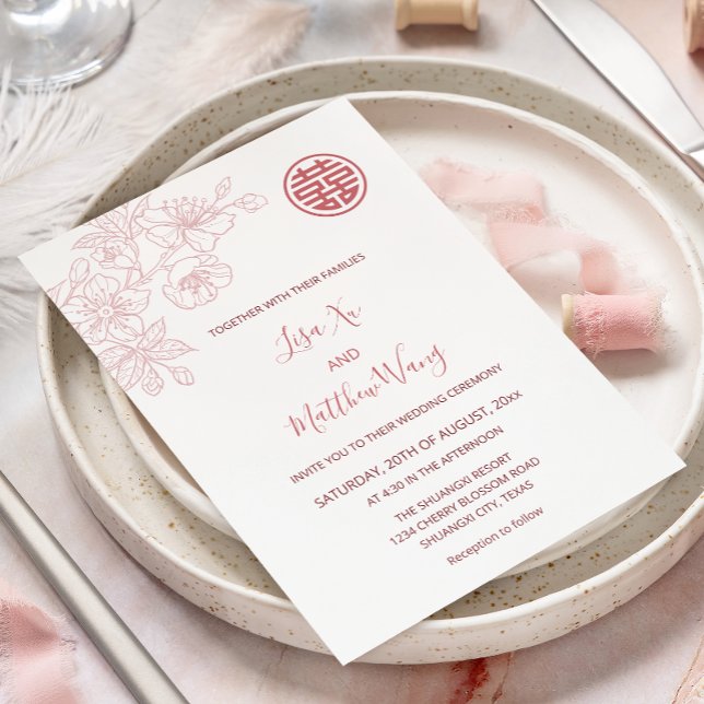 Convite Casamento Chinês Rosa Floral Desabrochado (Criador carregado)