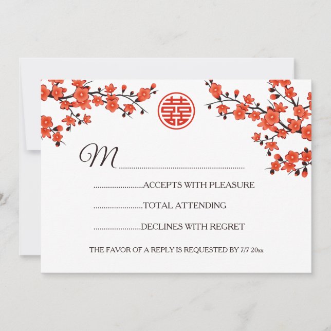 Convite Casamento Chinês RSVP Flor Vermelha (Frente)