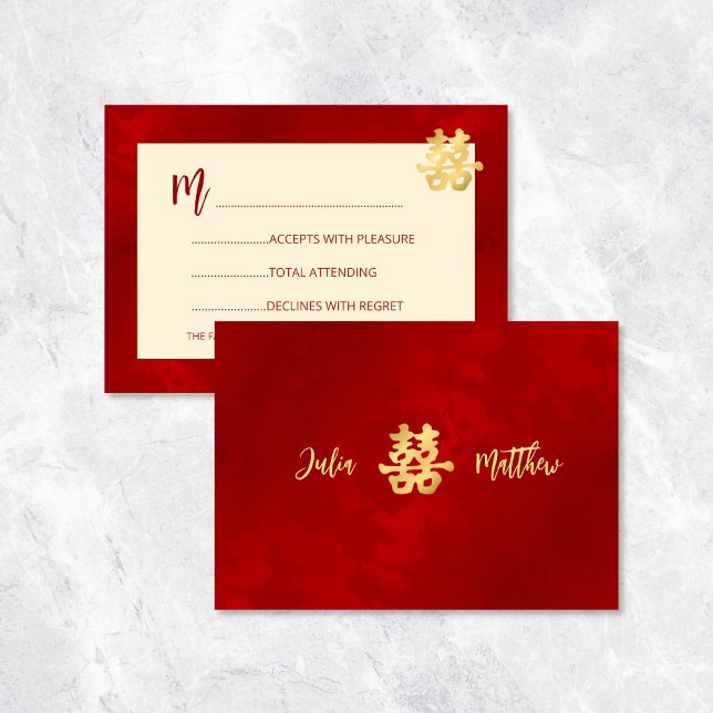 Convite Casamento Chinês RSVP Moderno Vermelho (Criador carregado)