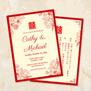 Convite Casamento chinês vermelho bege moldura floral orie