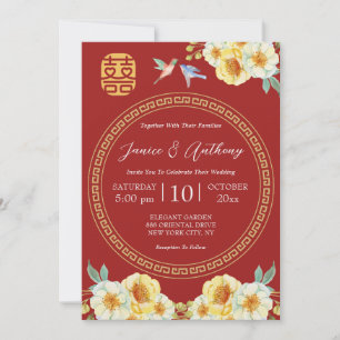 Convite Casamento chinês vermelho elegante pássaro floral