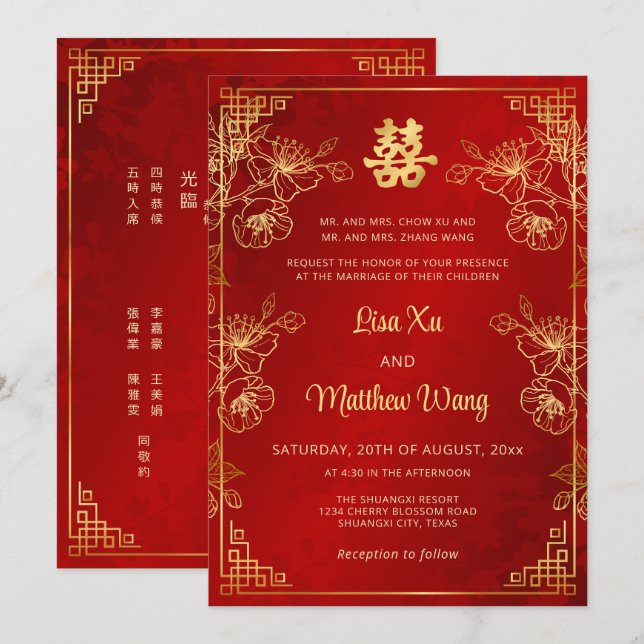 Convite Casamento Chinês Vermelho Quadro Bilingue Dourado (Frente/Verso)