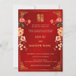 Convite Casamento Chinês Vermelho Quadro Bilingue Dourado