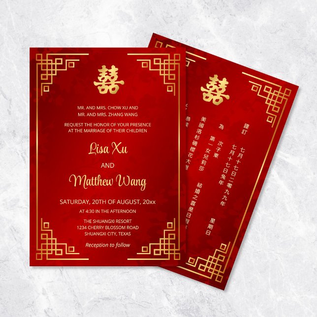 Convite Casamento Chinês Vermelho Quadro Bilingue Dourado (Criador carregado)