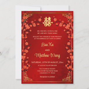 Convite Casamento Chinês Vermelho Quadro Bilingue Dourado