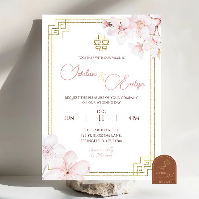 Convite Casamento Chinoiserie Chinoiserie Cherry Blossom (Criador carregado)