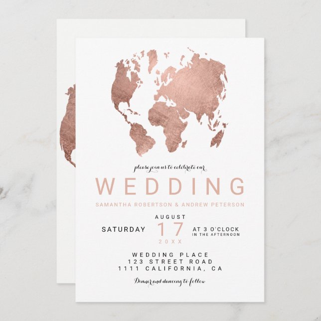 Convite Casamento chique do mapa do mundo do ouro (Frente/Verso)