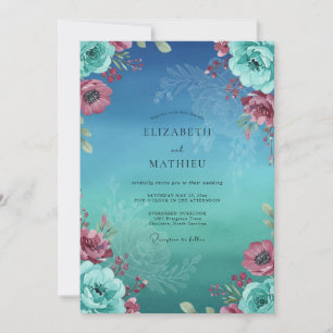 Convite Casamento Ciano Magenta Ranunculus Eucalipto
