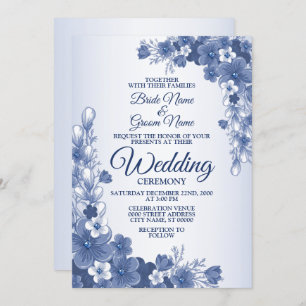 Convite Casamento Cinza Azul Floral Russo Branco