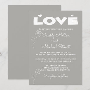 Convite Casamento Cinza e Branco Amor Corações e Borboleta