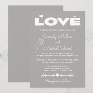 Convite Casamento Cinza e Branco Amor Corações e Borboleta